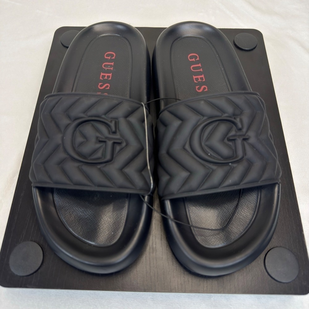 Guess Mens GMSOLIANO-R Quilted Logo Slide Sandals Chevron Black Size 12M